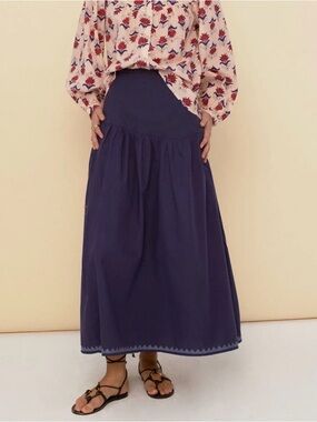 Sonmer Organic Cotton Navy Midi Bohemian embroidered Skirt NWT